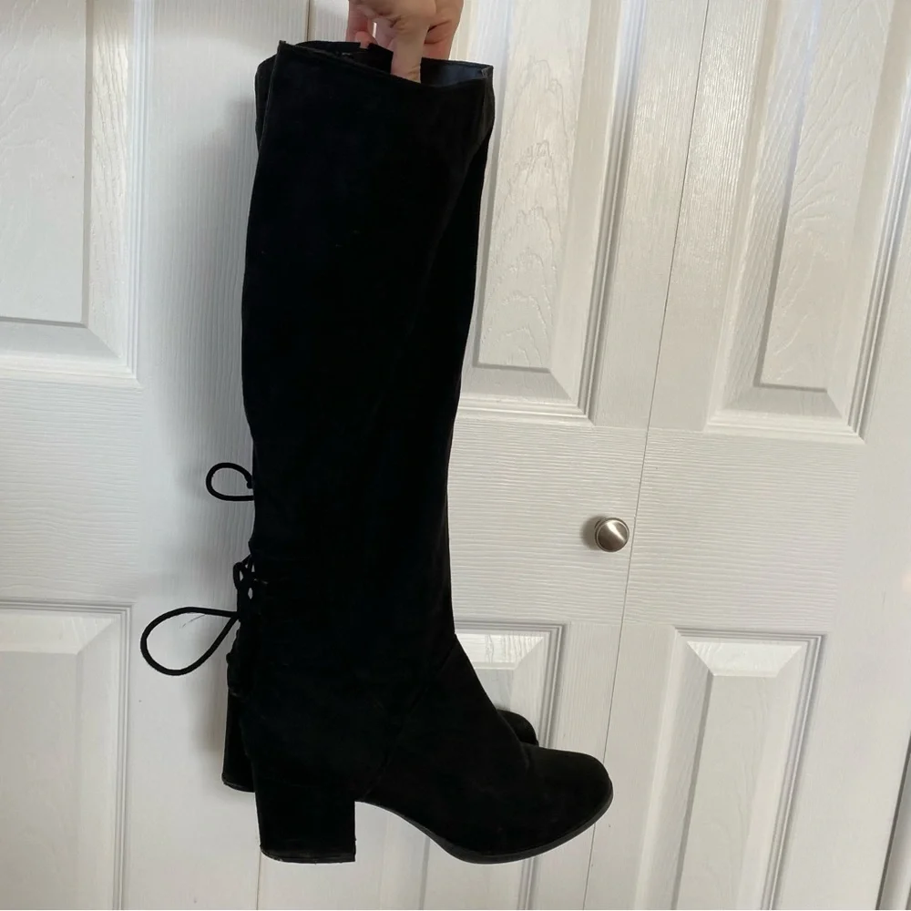 Black Suede Knee‑High Block Heel Boots | Size 11